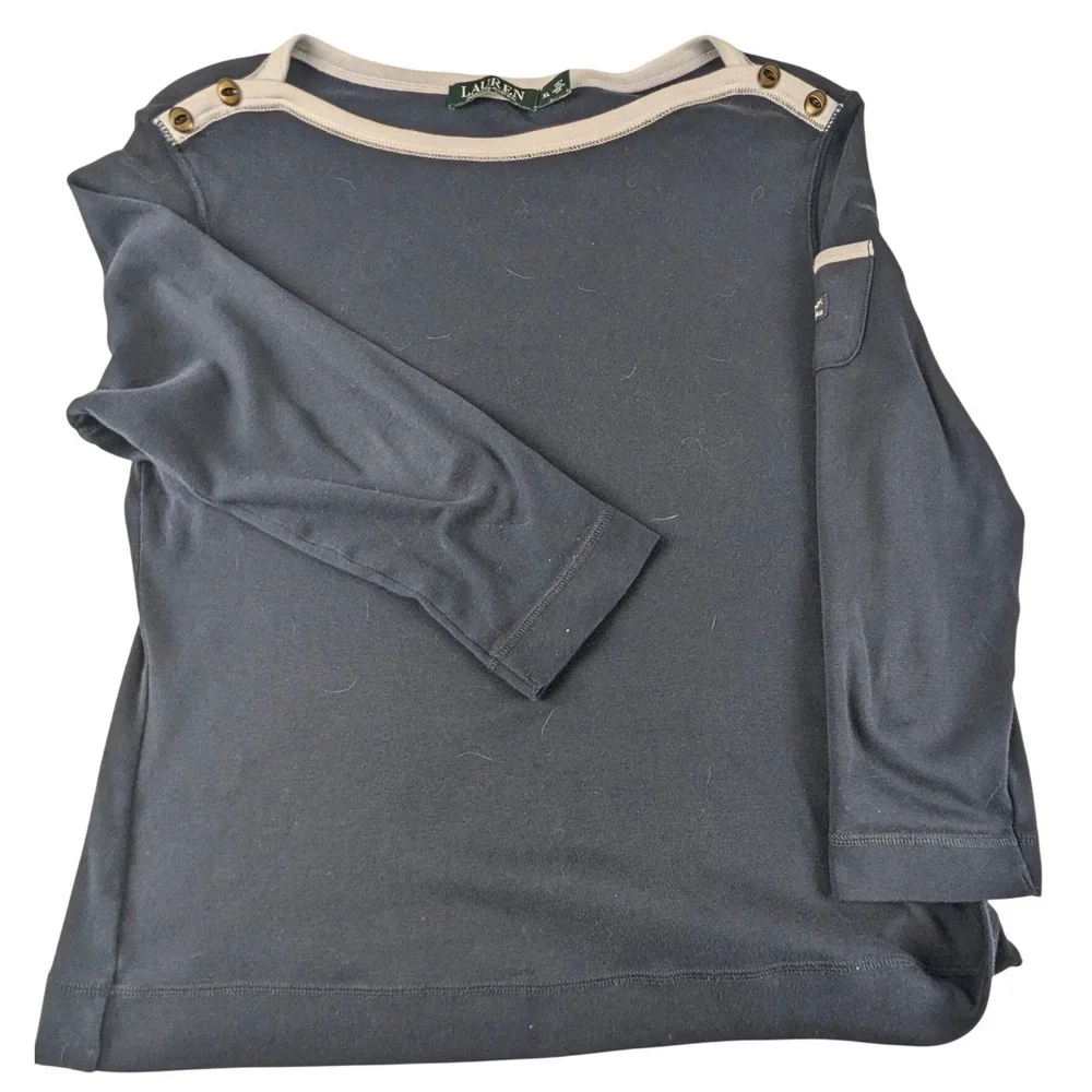 Lauren Ralph Lauren Womens Navy Blue Boat Neck Button Shoulder Top XL Cotton
